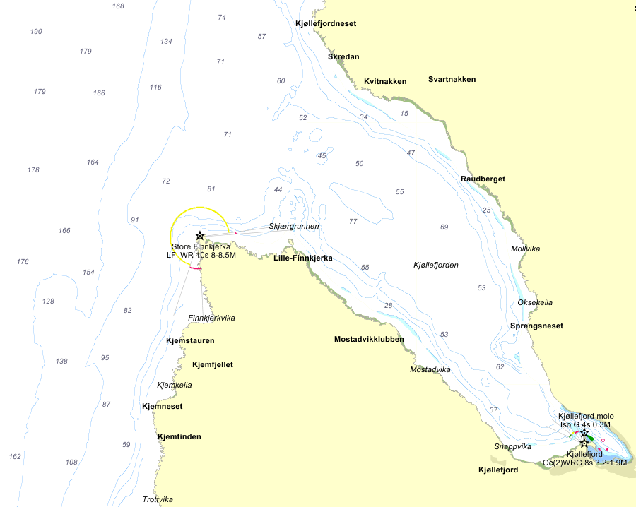 Seekarten von gulesider.no Kjoellefjord, gesamter Fjord