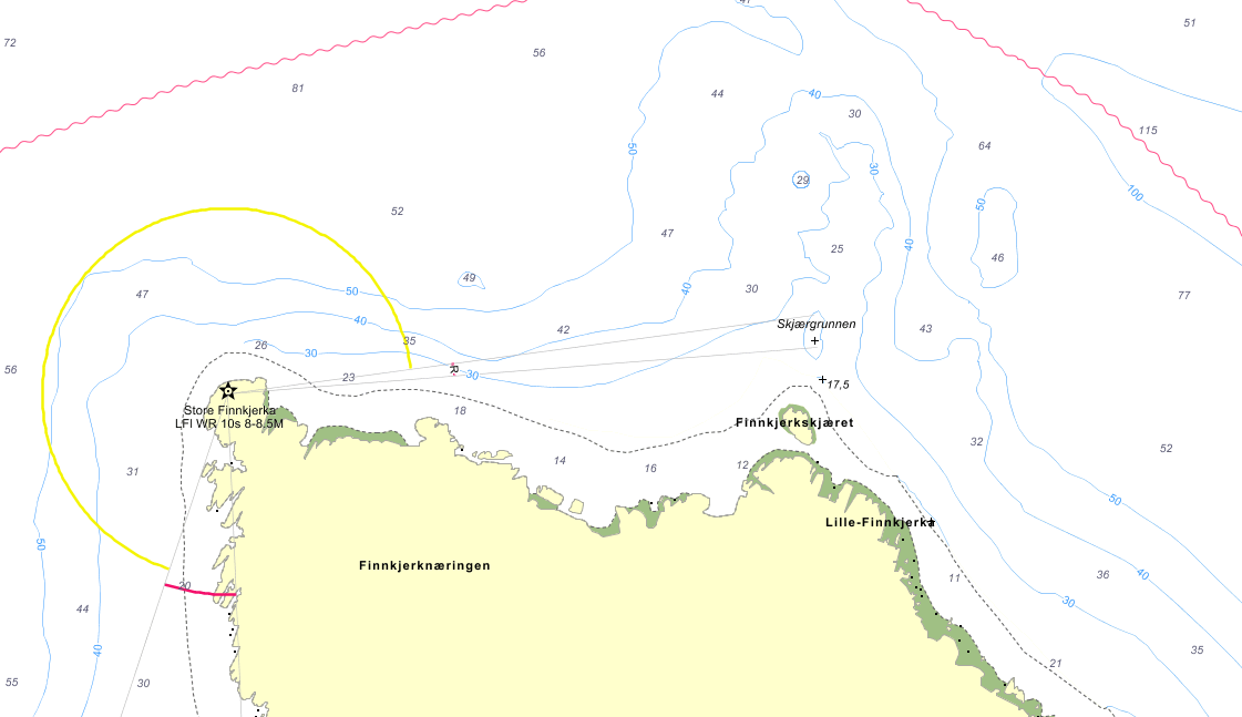Seekarten von gulesider.no Kjoellefjord mit Gräben und Riffen